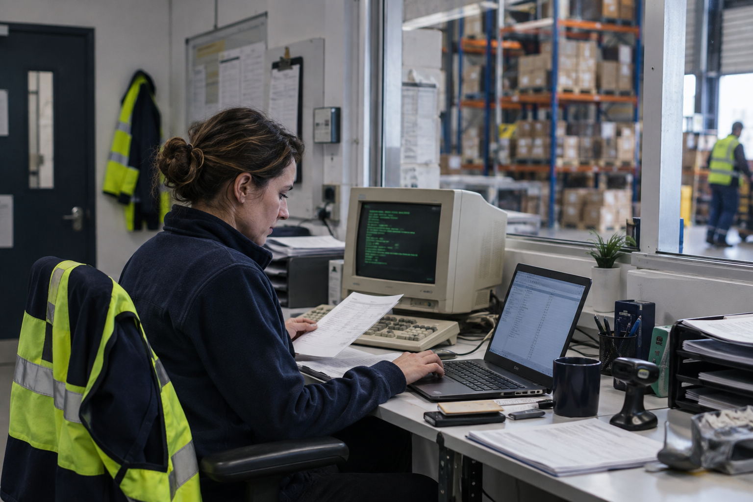 Illustrative photograph of a legacy computer terminal beside a modern laptop in a warehouse office.