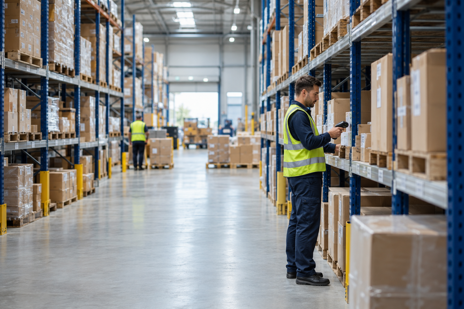 Illustrative photograph of organised warehouse racking and an employee checking stock with a scanner.