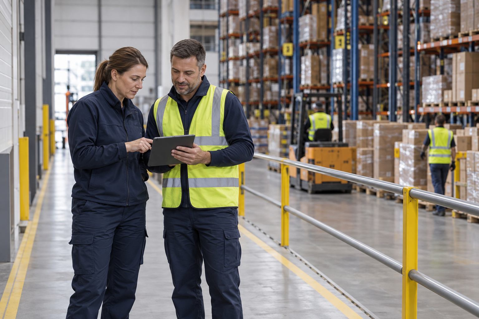 Illustrative photograph of warehouse supervisors reviewing a work schedule on a tablet.